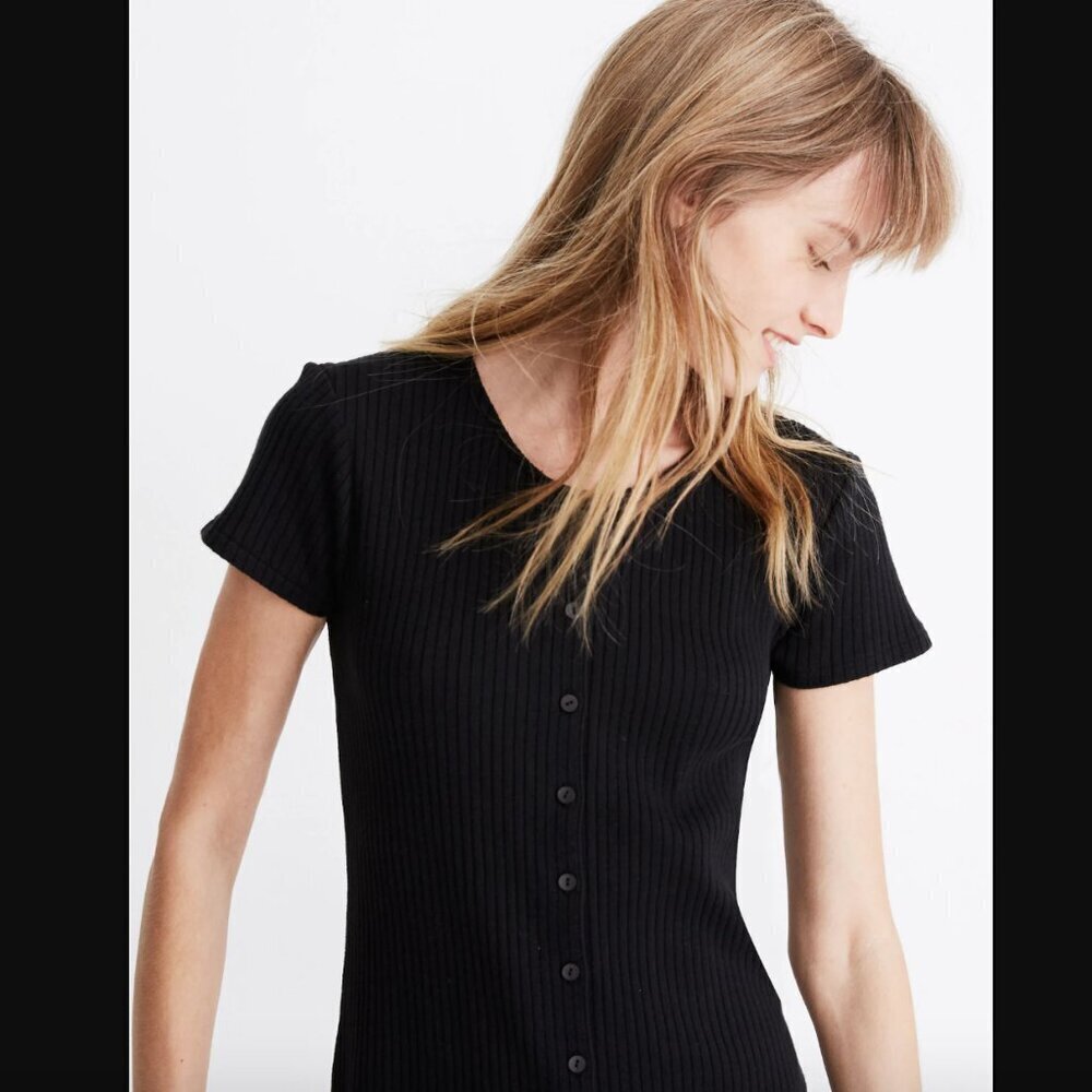 Madewell Black Button-Front Ribbed Mini Dress S - image 2